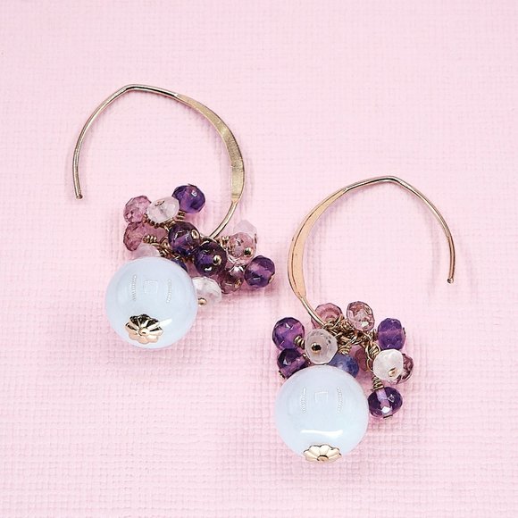Jade Earrings with Amethyst Pink Topaz Cluster, 14K Gold Filled French Ear Wires - Picture 5 of 9